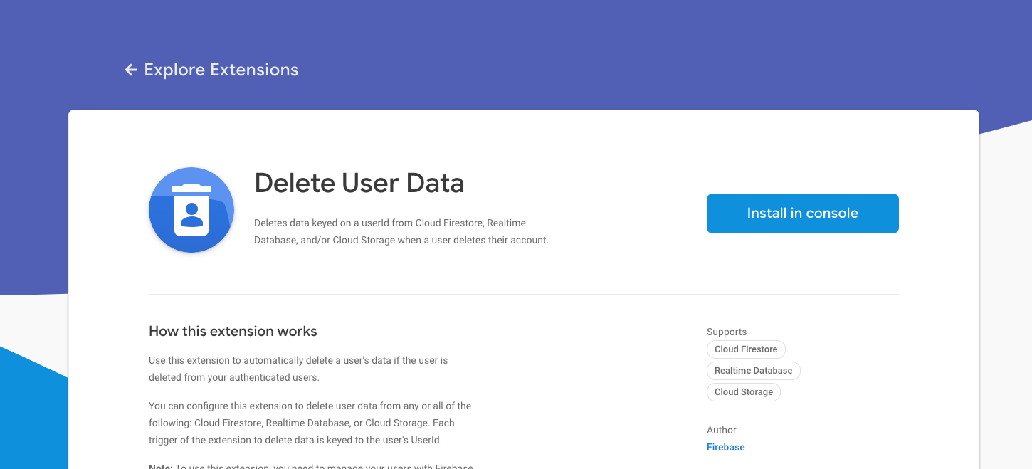 Firebase Extensions delete user data extension page